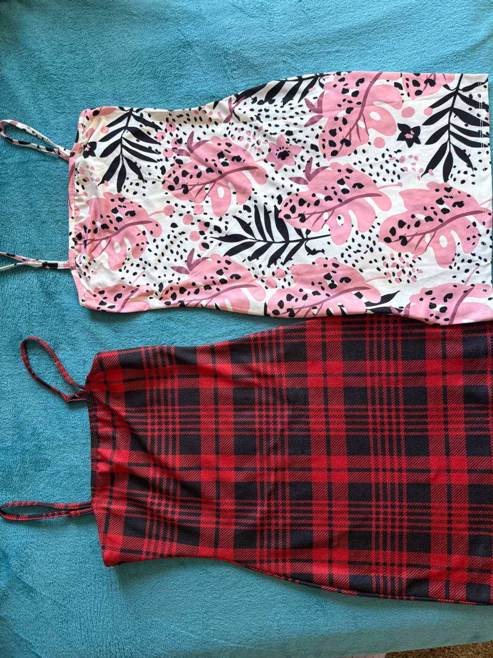 2 Bodycon print strap dresses stretchy cute casual floral and plaid preppy alt
